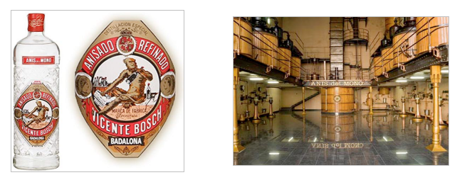 Ampolla i etiqueta Anís del Mono i sala de la Fàbrica