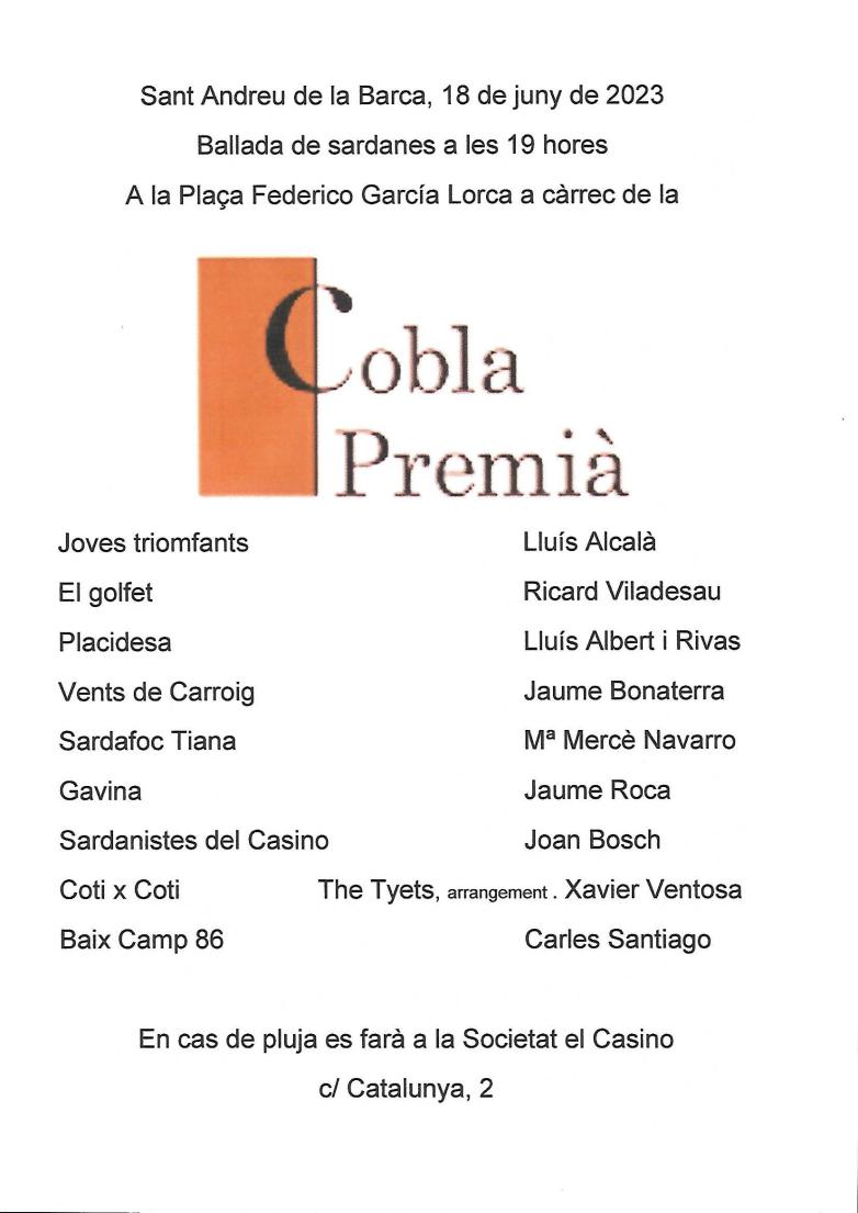 Cartell ballada de sardanes amb la Cobla Premià (18/06/2023)