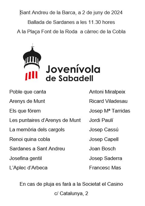Programa de la ballada de sardanes amb la Cobla Jovenívola (2 de juny de 2024). Dins els actes de la Fira de Primavera