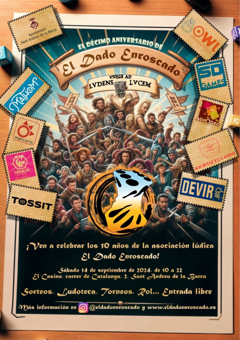 Cartell promocional del 10è aniversari de El Dado Enroscado, associació lúdica ubicada de St Andreu de la Barca