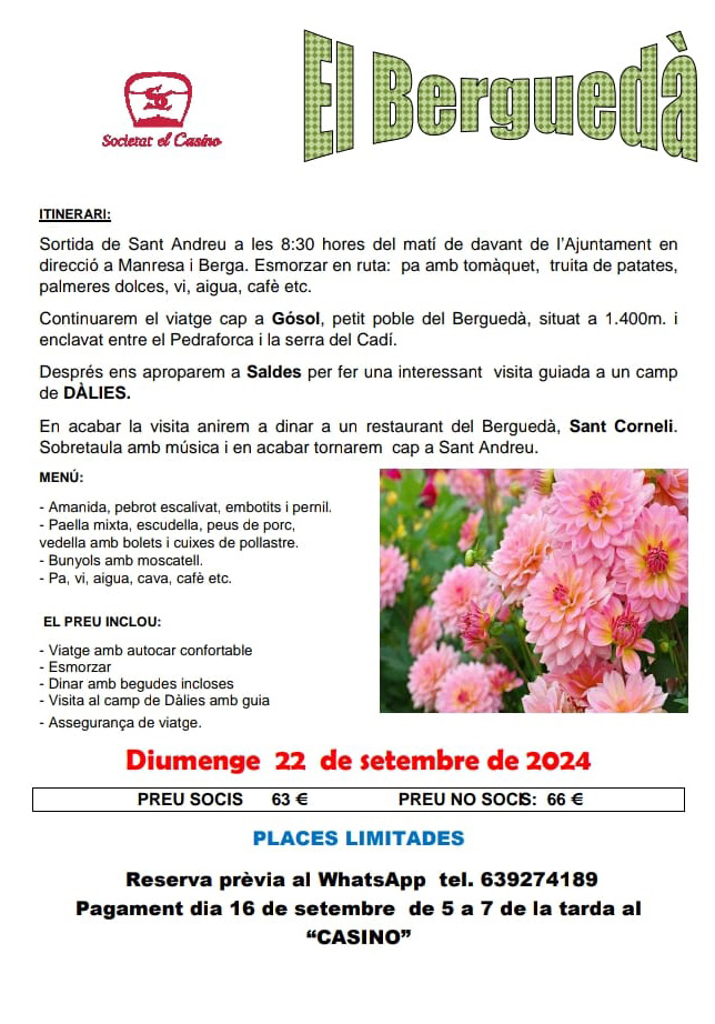 Programa de la sortida cultural al Berguedà (22 set. 2024)