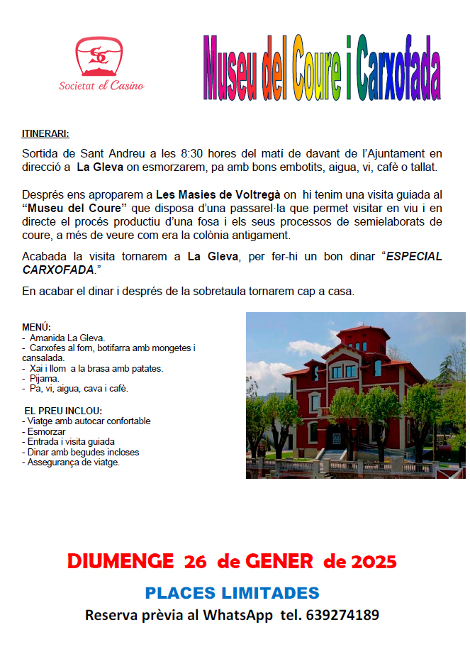 Programa de la sortida cultural al Museu del Coure i Carxofada (gen. 2025)
