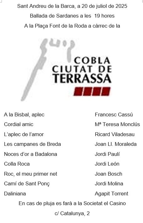 Programa de la ballada de sardanes el 20 de juliol a Sant Andreu de la Barca