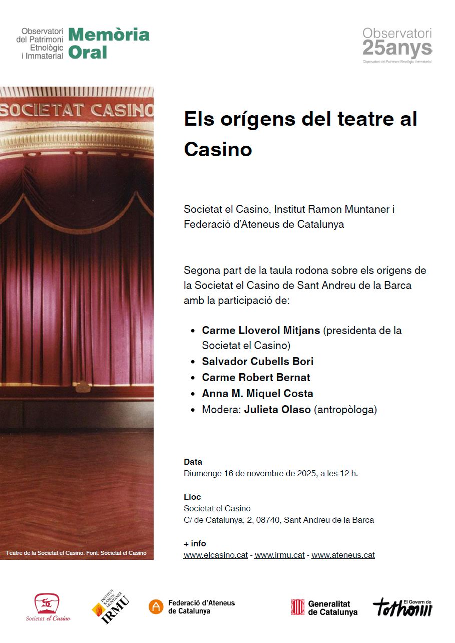 Cartell promocional de la taula rodona "Els orígens del teatre al Casino" (16/11/2025)
