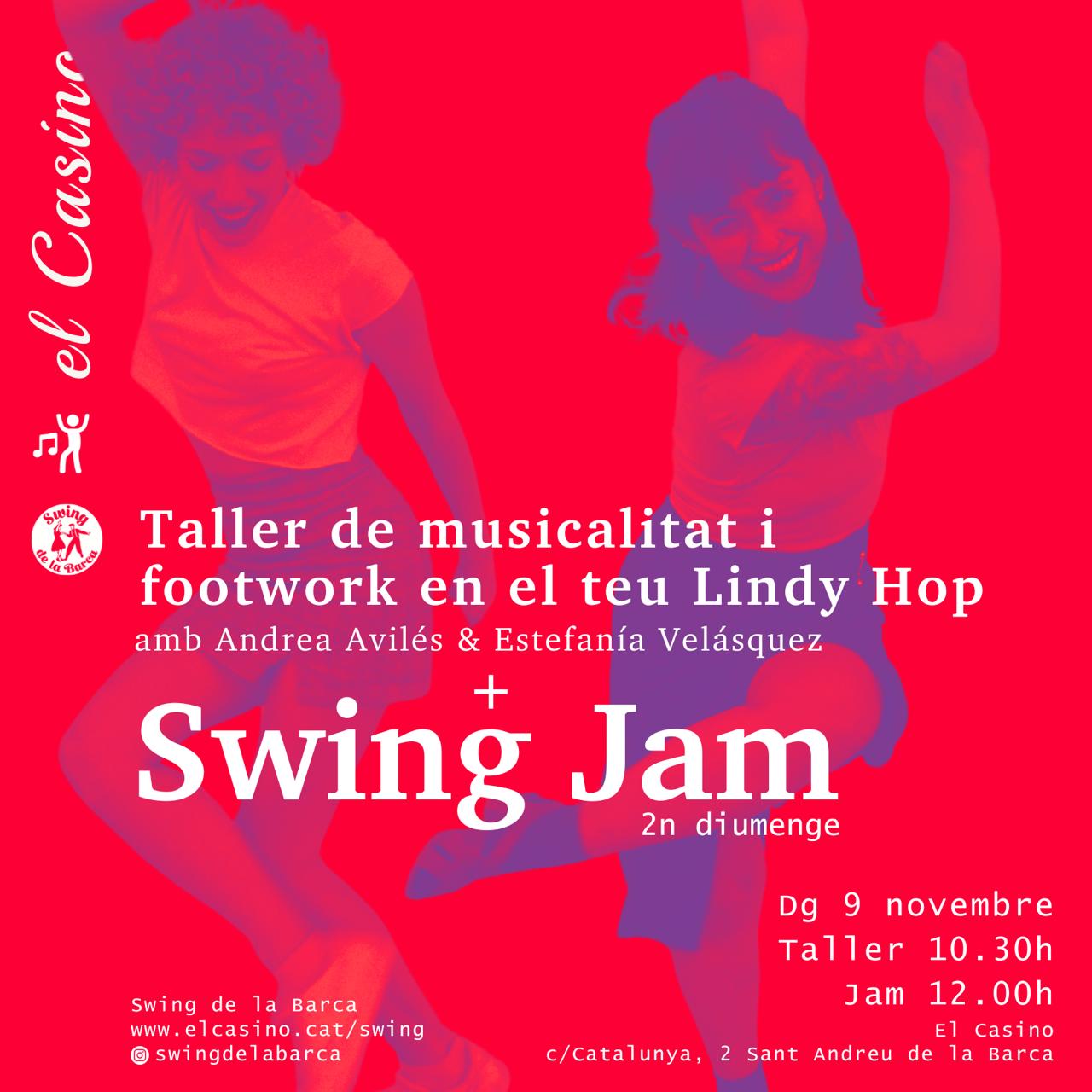 Cartell promocional de la Swing Jam i el Taller de musicalitat i footwork en el teu Lindy Hop. A Swing de la Barca, 9 de nov. de 2025