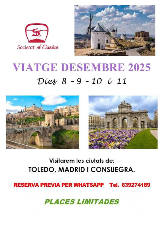 Programa de la sortida cultural a Toledo, Madrid i Consuegra els dies 8, 9, 10 i 11 de desembre de 2025
