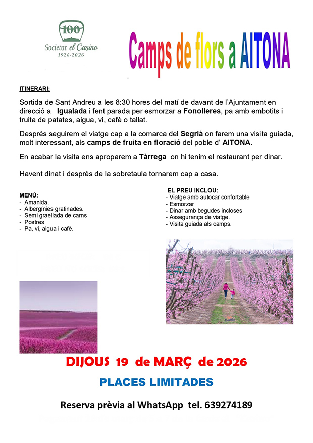 Programa de la sortida cultural als camps de flors a Aitona.