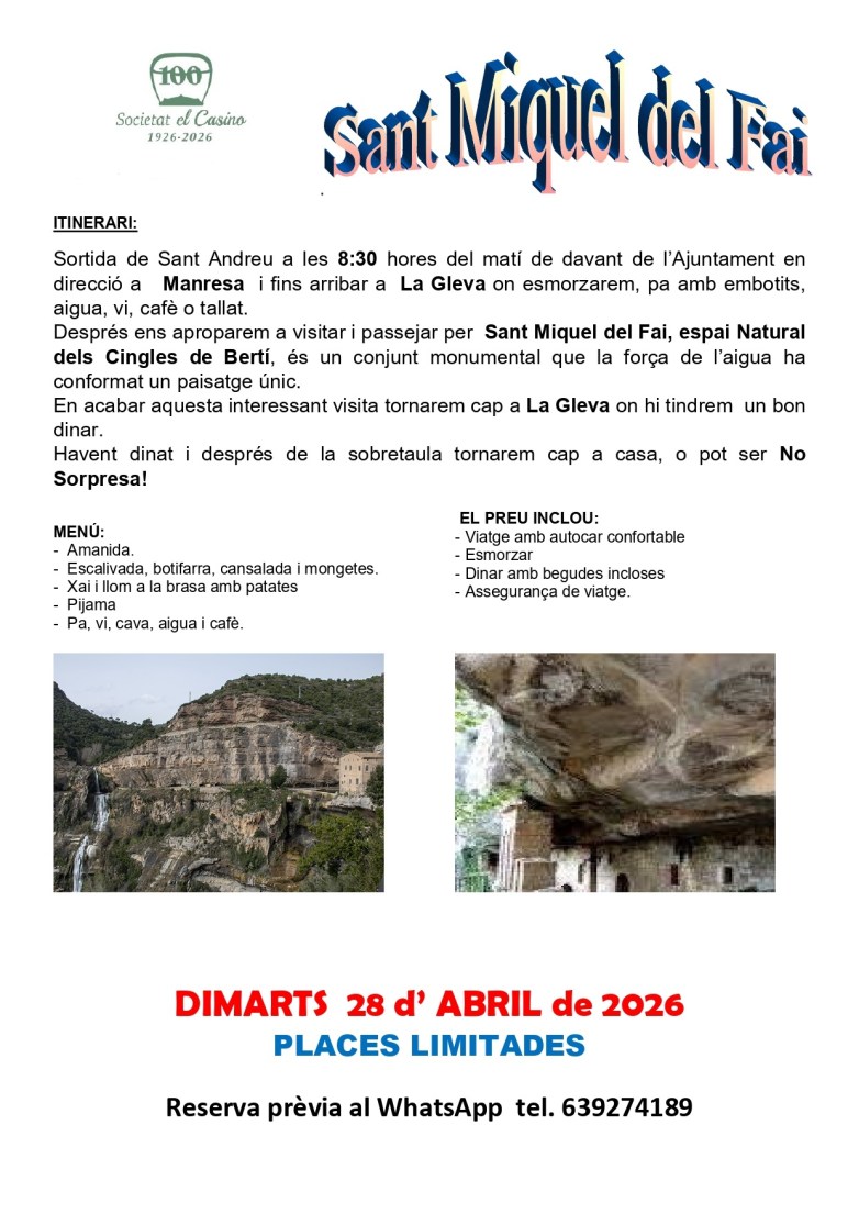 Programa de la sortida cultural a Sant Miquel del Fai, 28 d'abril de 2026