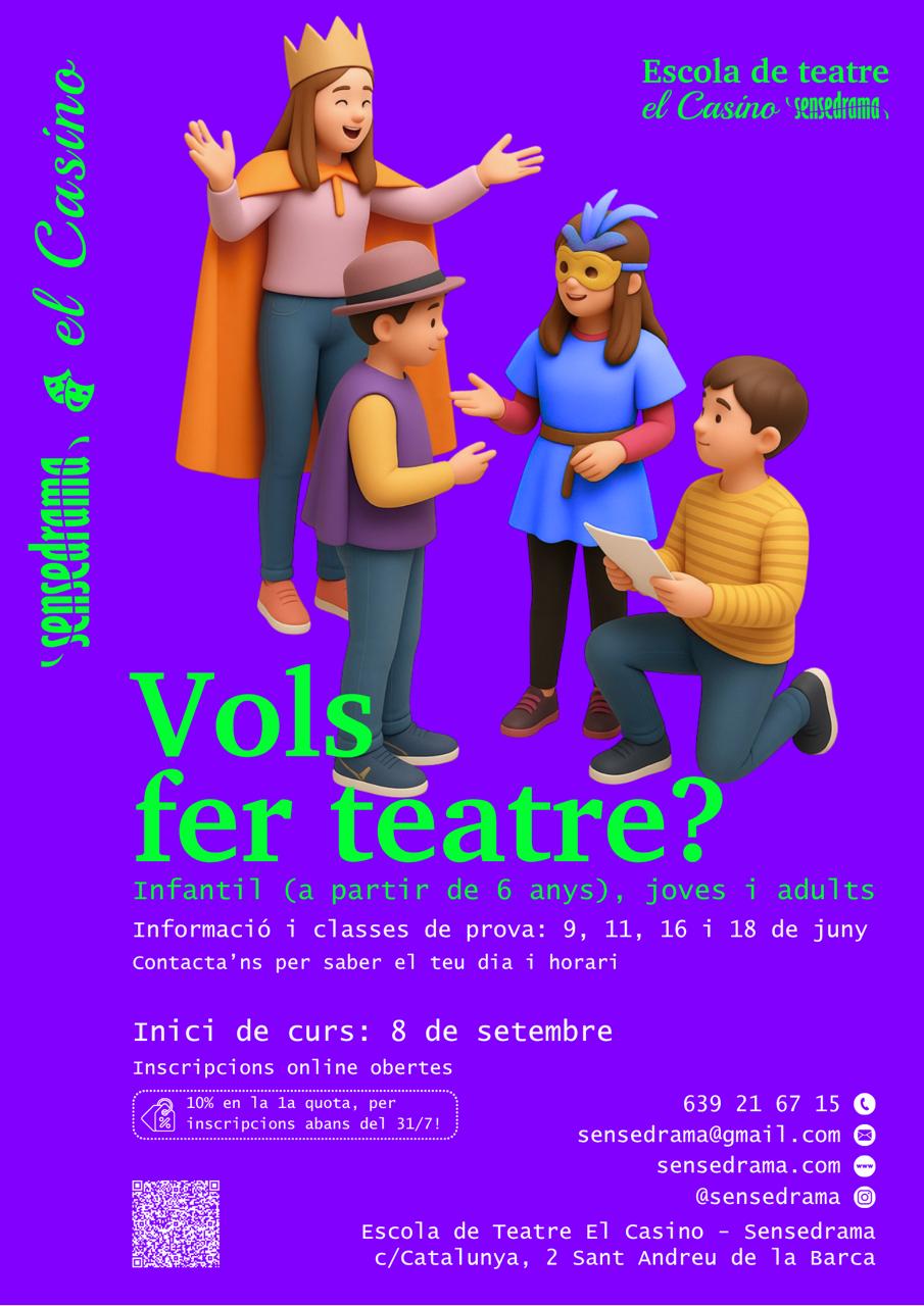 Cartell promocional del curs 2026-2027 de l'Escola de Teatre El Casino - Sensedrama