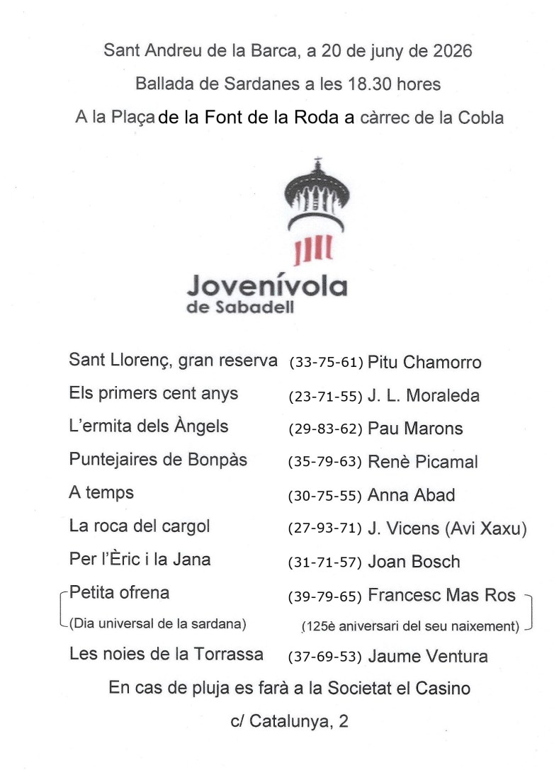 Programa de la ballada de sardanes amb la Cobla Jovenívola de Sabadell el 20 de juny de 2026