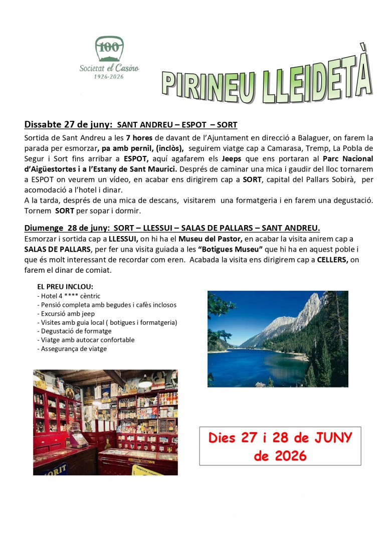 Programa de la sortida cultural de juny de 2026 al Pirineu de Lleida
