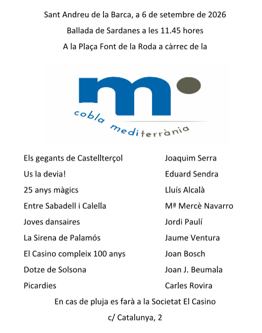Programa de la ballada de sardanes amb la Cobla Mediterrània el 6 de setembre de 2026